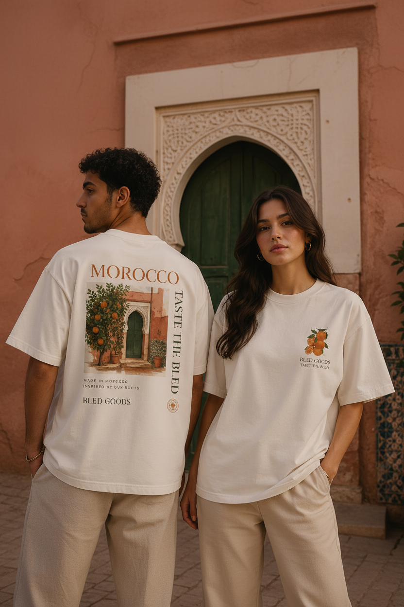 A man and a woman wearing off-white graphic t-shirts in an outdoor Moroccan setting with a terracotta wall, green door, and potted orange tree. The man shows the back of the shirt with a large graphic print, and the woman shows the front with a small chest graphic.